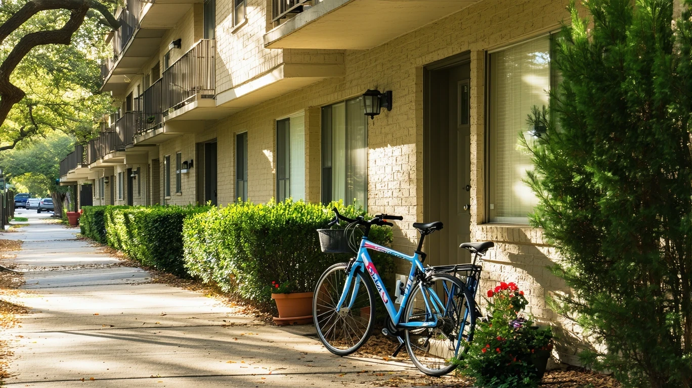 Exterior view of a small apartment building in Alamo Heights, TX with potted plants, bicycles, and tree-lined street.