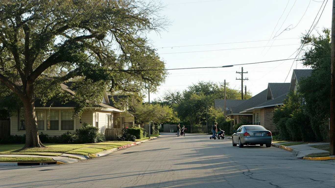 A tree-lined residential street corner in Alamo Heights, Texas with an older car parked on the curb and power lines overhead.