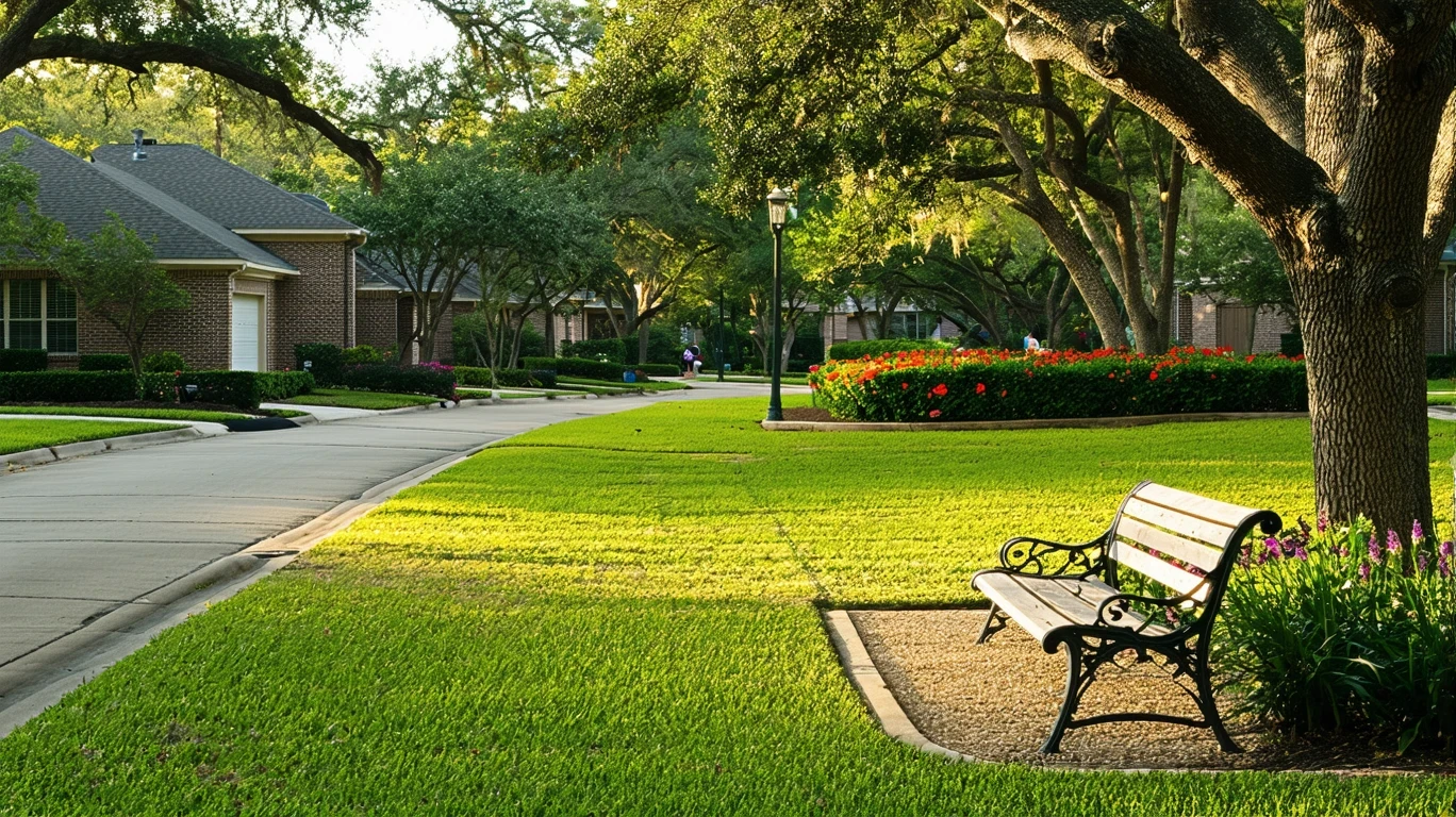 A view of a well-maintained neighborhood park in Alamo Heights, Texas with trimmed hedges, a path, and a bench surrounded by sunlit trees and lawns.