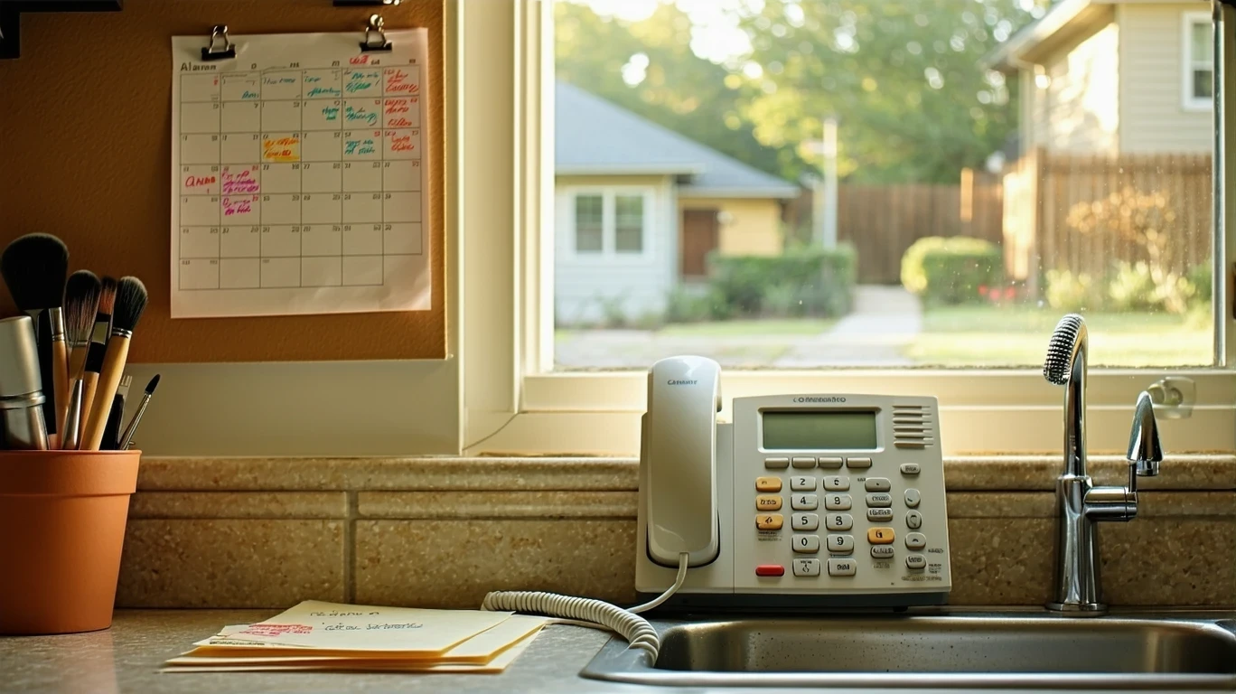 A calendar with circled payment dates pinned near a kitchen phone in an Alamo Heights home.