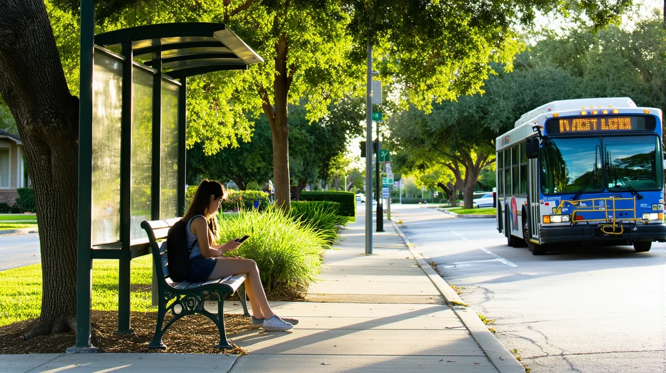 A woman waits at a shaded bus stop bench on a tree-lined street in Alamo Heights, Texas as a VIA Metropolitan Transit bus approaches.