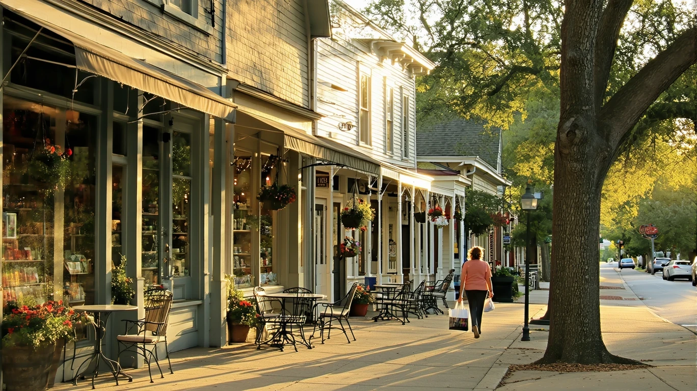A quiet street in Alamo Heights at dusk, with vintage storefronts and neighborhood homes.