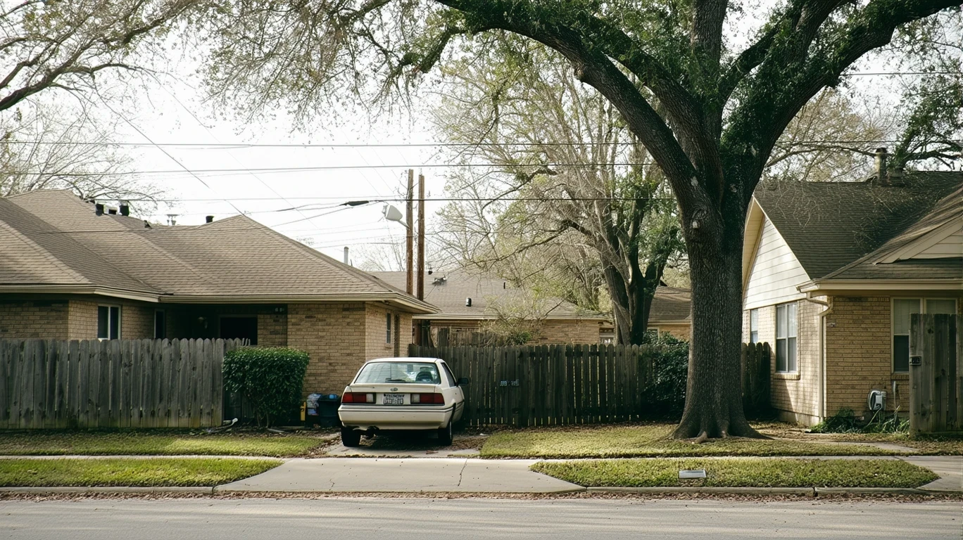 A quiet residential street corner in Alamo Heights, Texas with modest older homes, patchy lawns, a parked car, and visible power lines.
