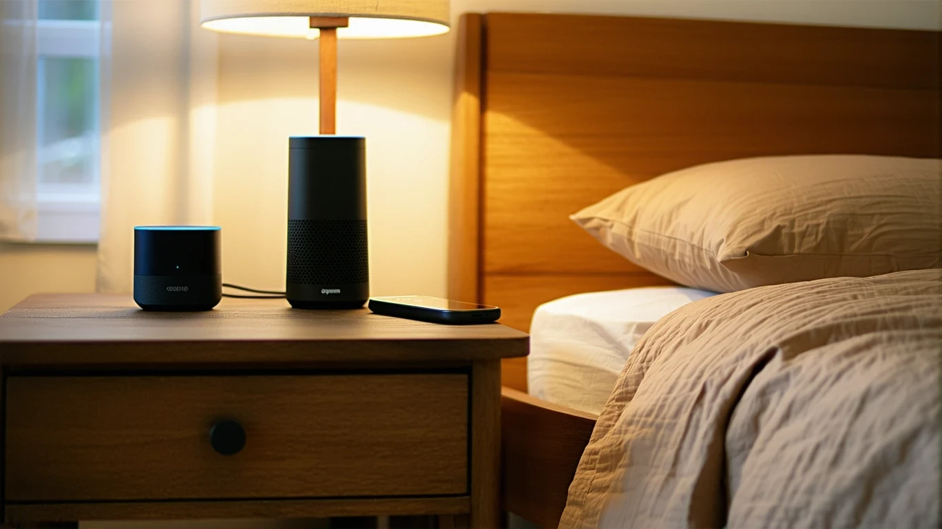 A wooden nightstand with a remote control, smartphone and smart speaker under a warm lamp.