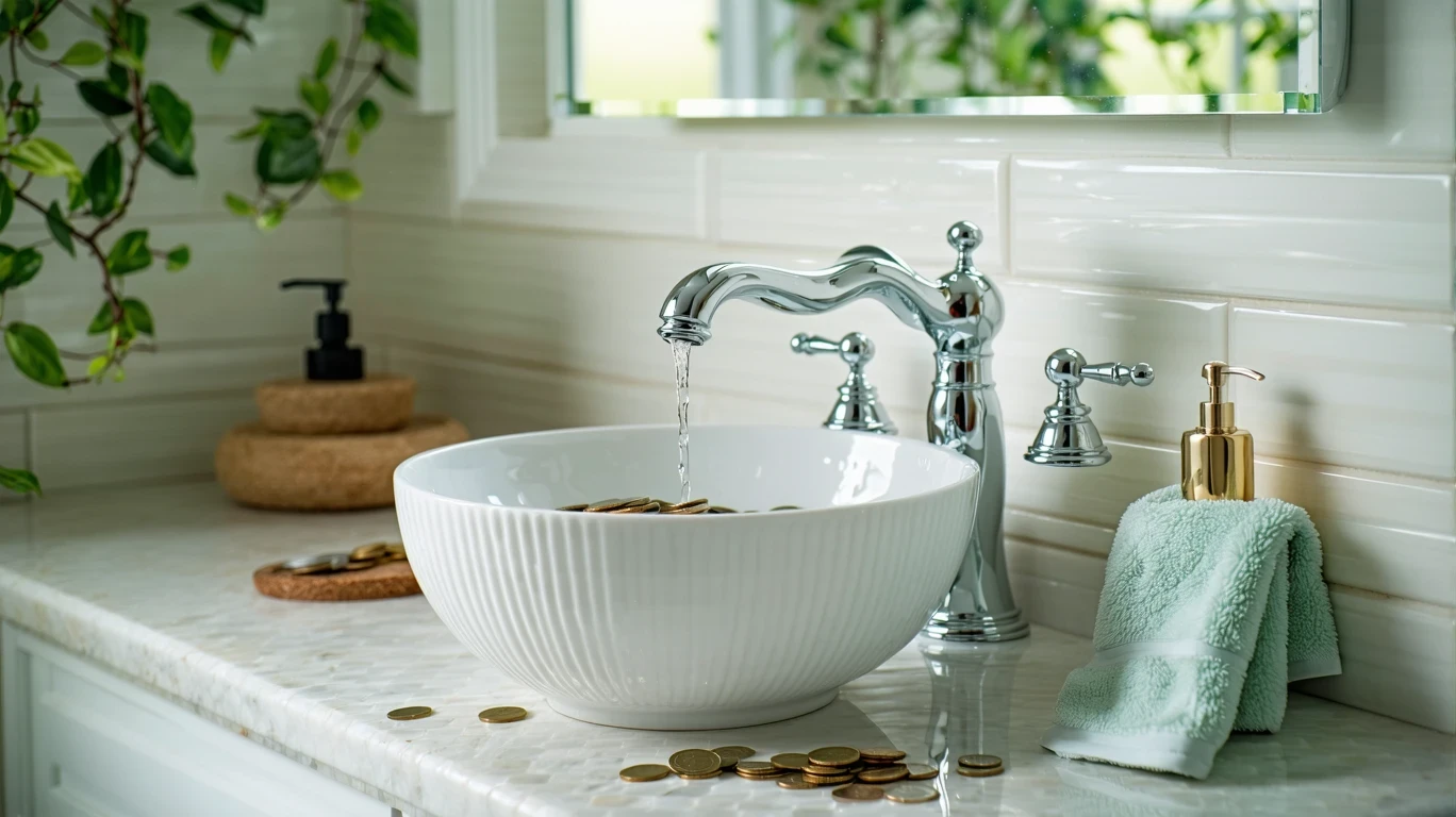 A bathroom faucet drips into a ceramic bowl with coins, illuminated by morning light through a small frosted window.