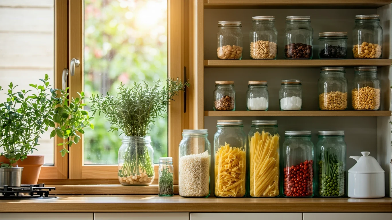 A pantry shelf with jars of beans, pasta, and rice, lit by a kitchen window.