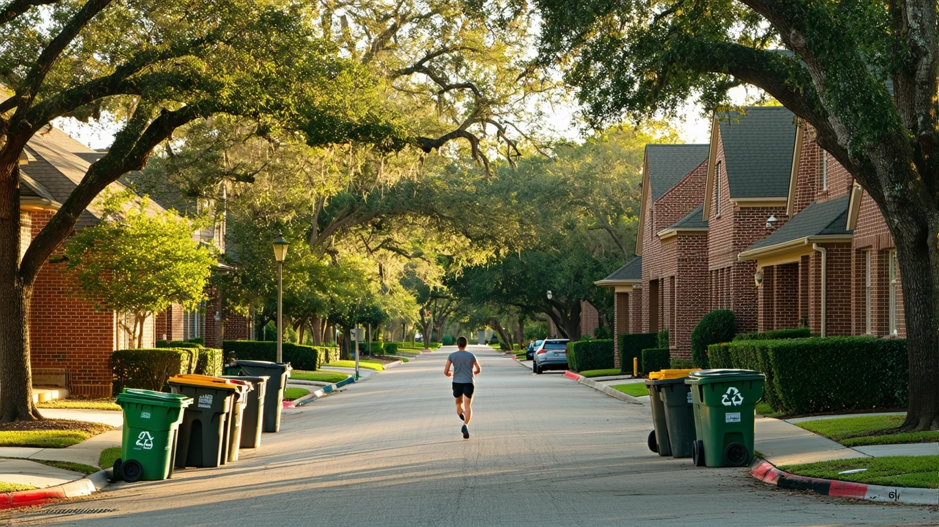 A jogger runs past trash bins on a tree-lined street with red-brick homes in Alamo Heights, TX.