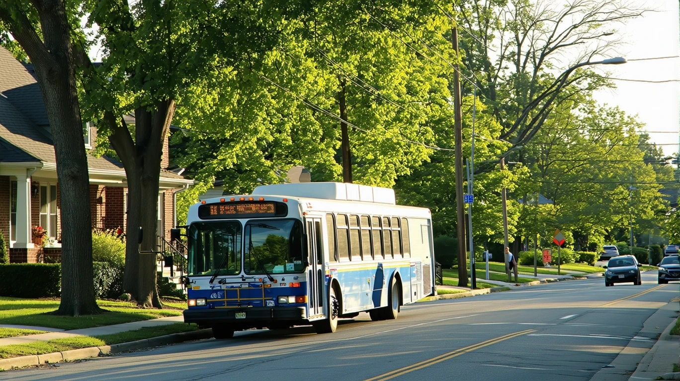 A city bus driving past single-story homes on a tree-lined street in Arlington Heights, Illinois.