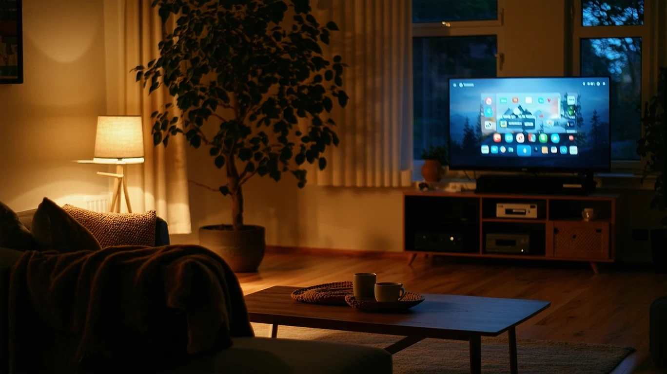 A softly lit living room with a TV showing a streaming app interface.
