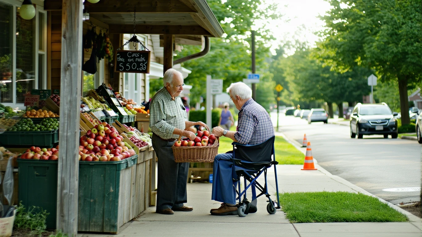 An elderly couple examining apples at a small produce stand on a tree-lined street.