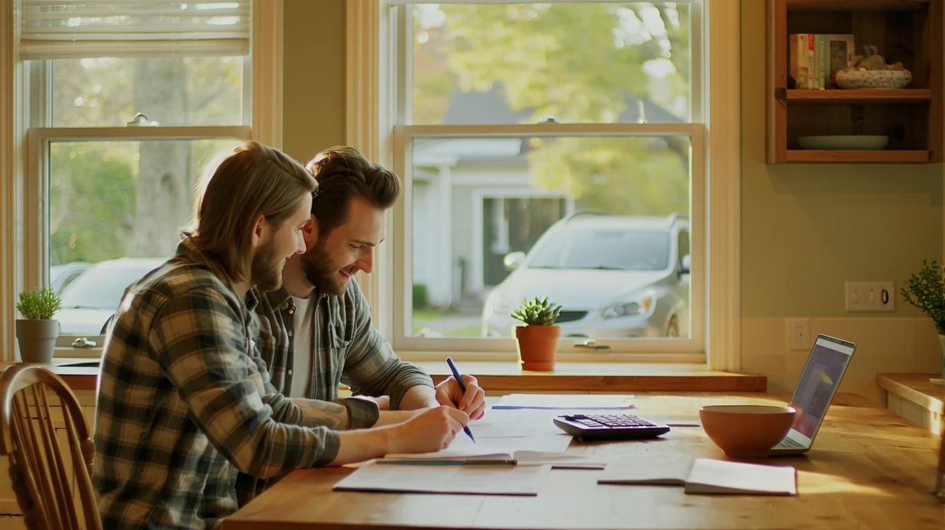 Couple reviewing finances at kitchen table in suburban home.