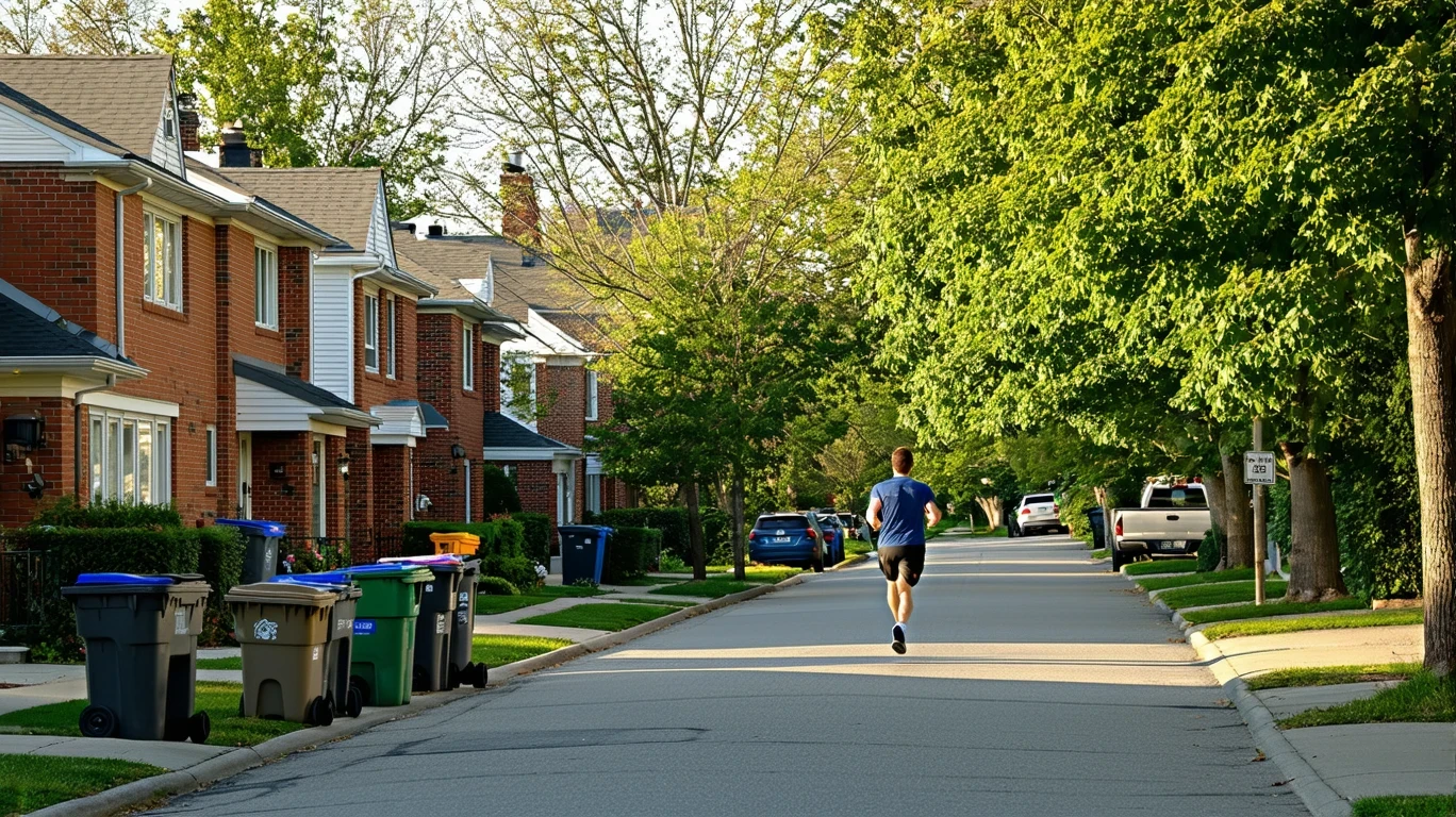 A tree-lined street in Arlington Heights with brick homes and a jogger on garbage collection day.