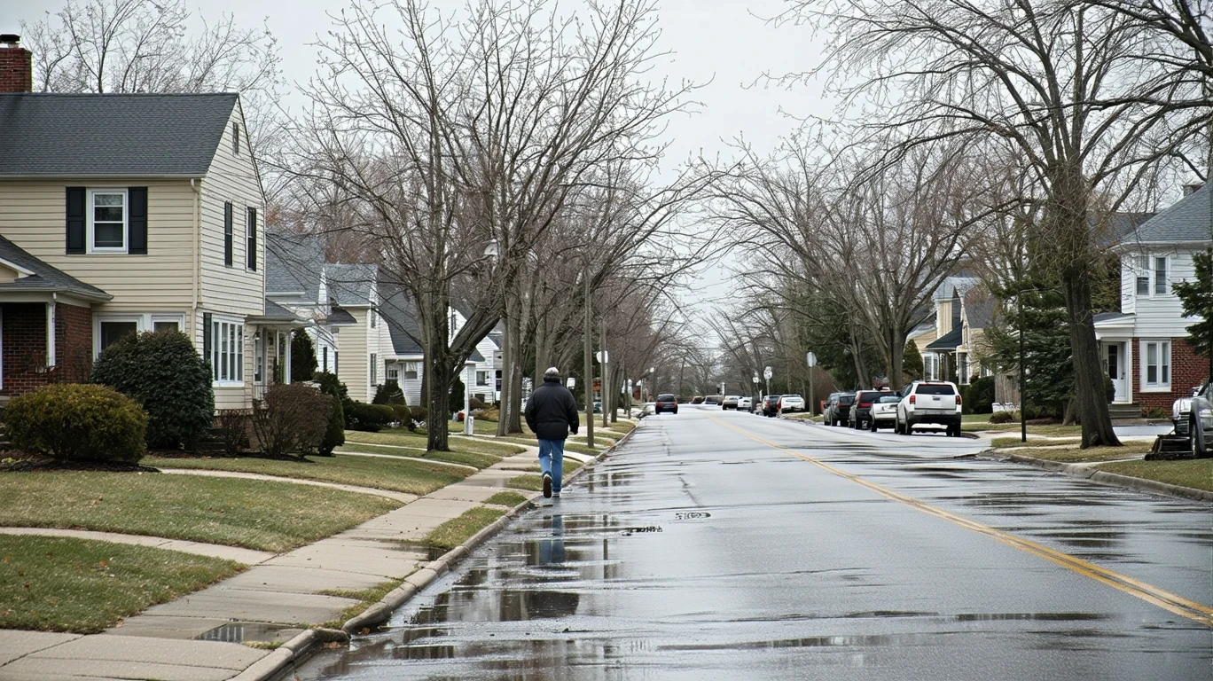 A curving suburban street in Arlington Heights after a spring rain, with bare trees and a pedestrian on the sidewalk.
