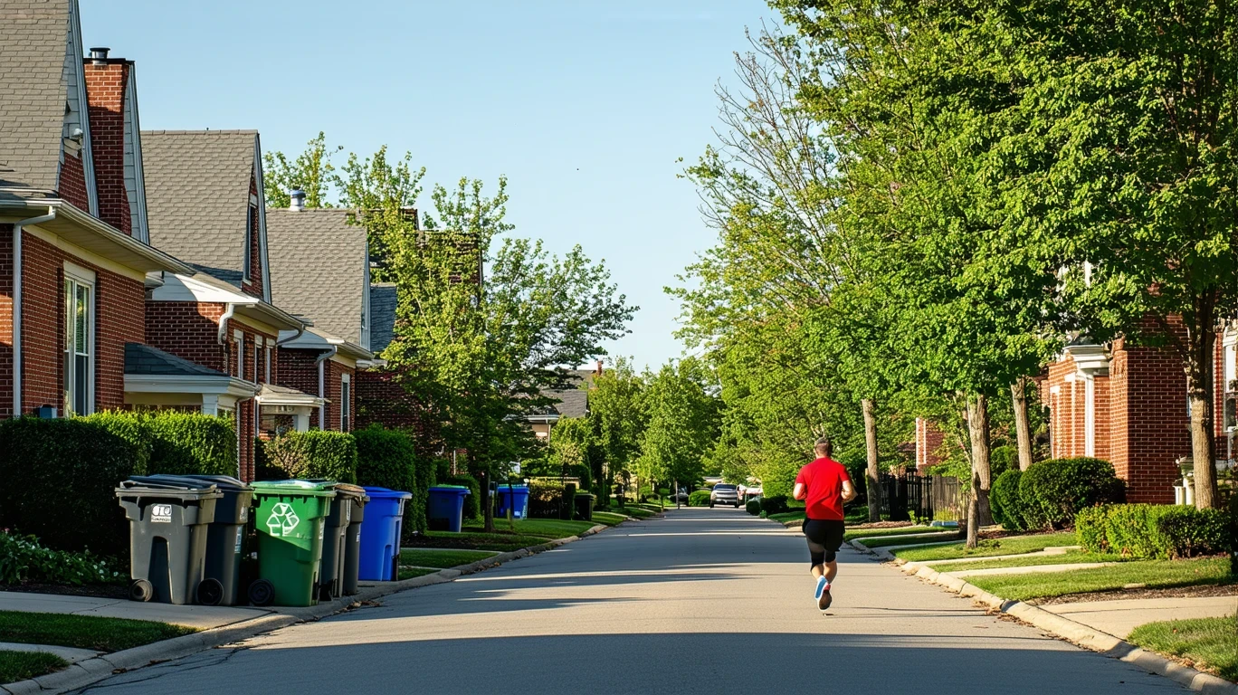 A tidy suburban street lined with red-brick homes and recycling bins out for pickup, with a jogger running past.