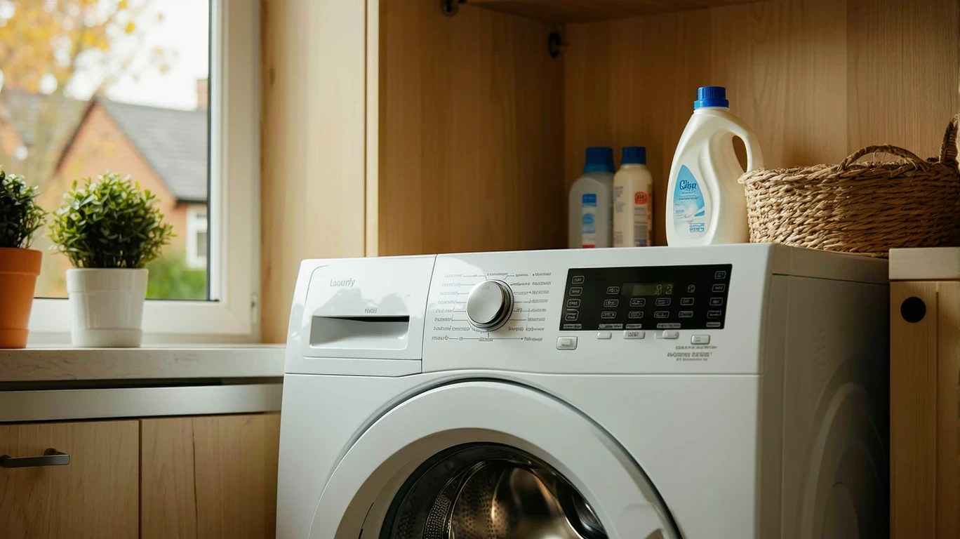 Top-loading washing machine mid-cycle with detergent bottle on laundry room shelf.