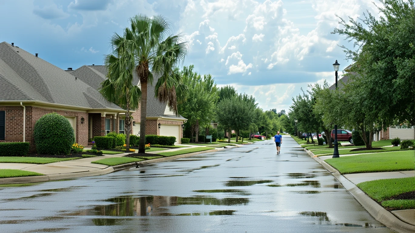 A suburban street in Arlington Heights, Illinois after a rain shower, with palm trees reflected in puddles.