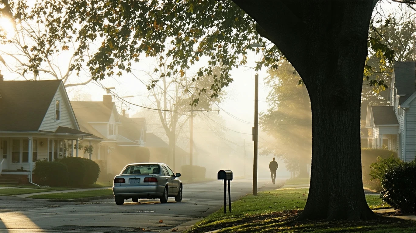 A misty suburban street in Arlington Heights with homes, mailboxes, and a parked car under a maple tree.