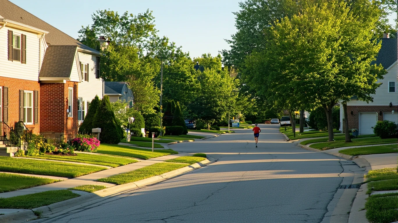 A sunny suburban cul-de-sac in the morning, with homes, lawns, a brick wall and a jogger visible.