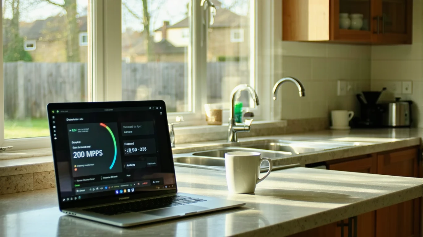 A laptop open to internet speed test results on a kitchen table, with coffee mug beside it.