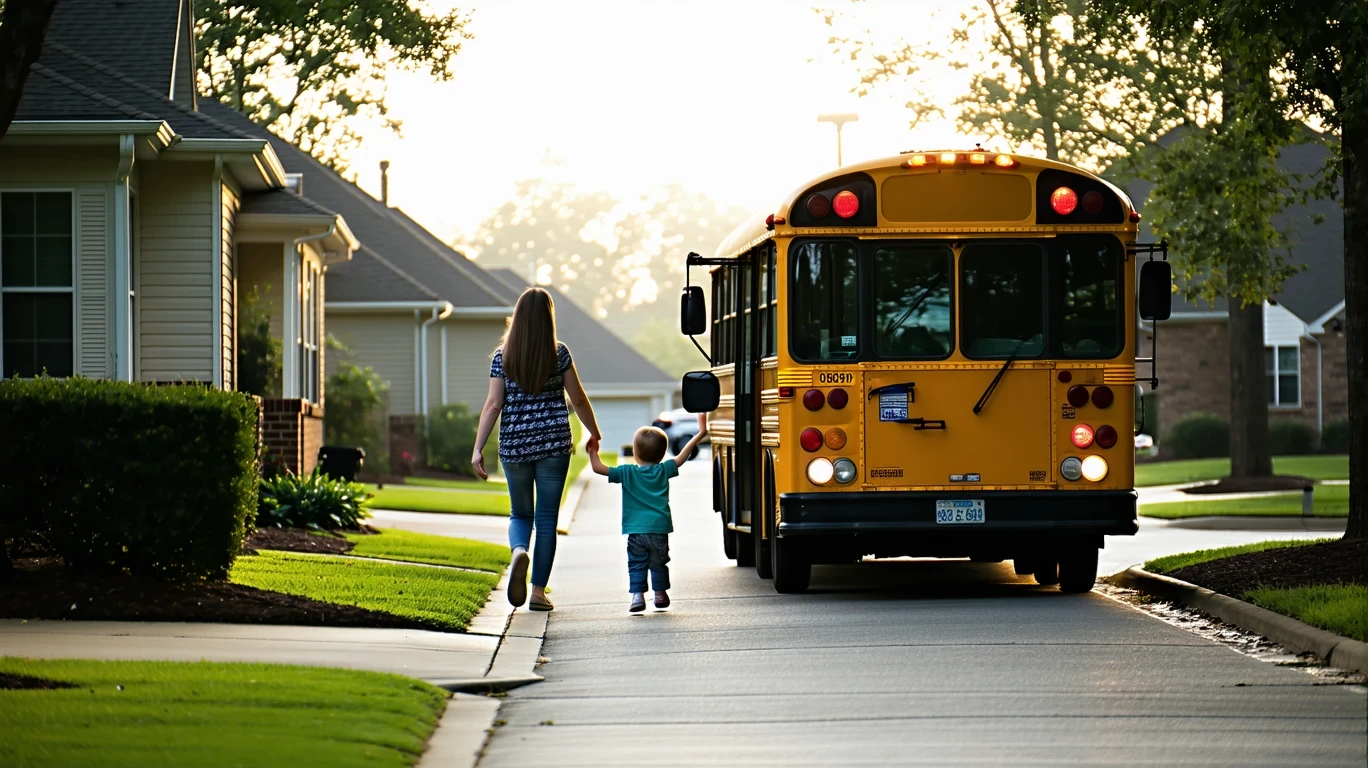 A parent and child boarding a bus on a residential street.