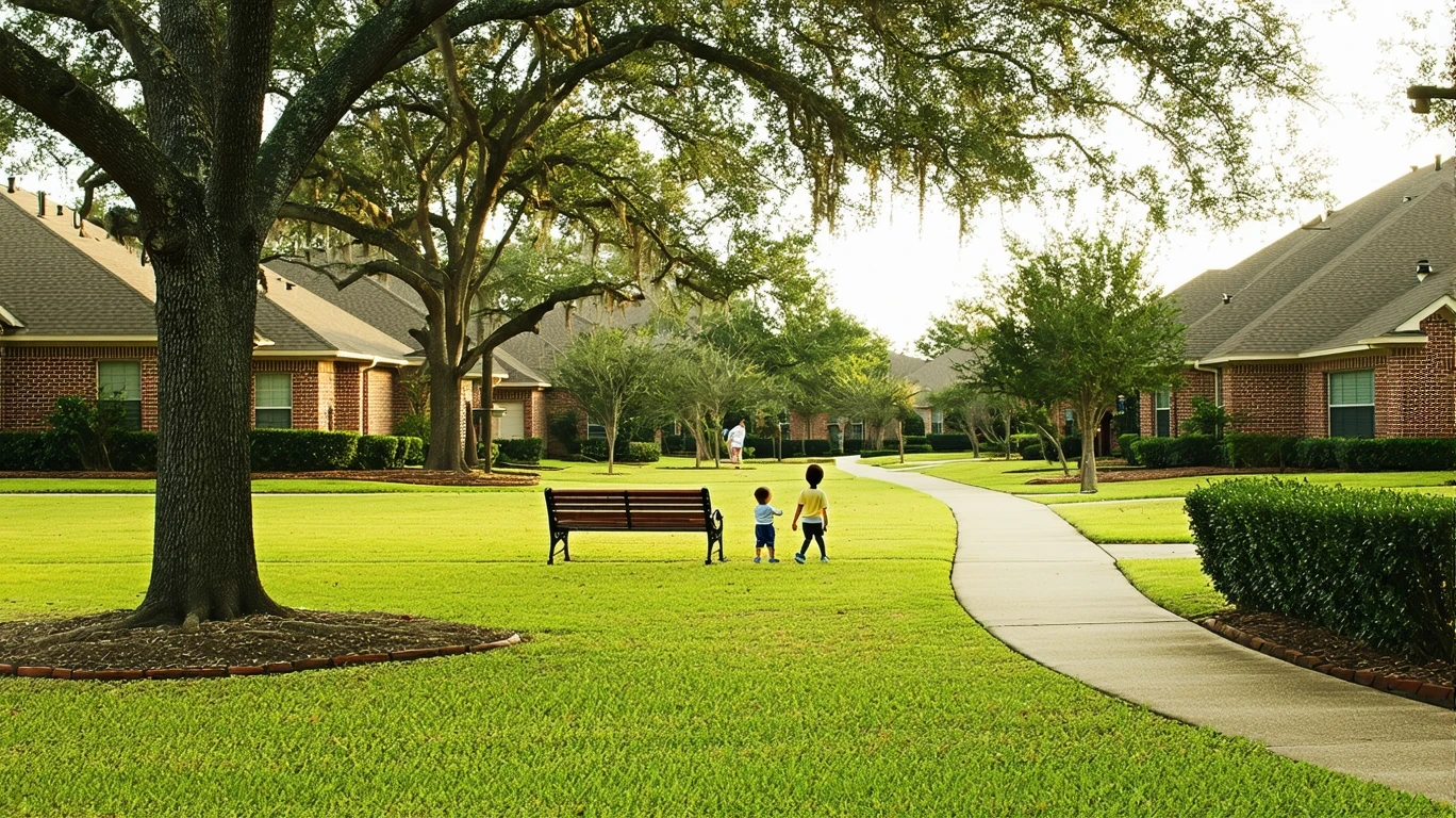 A neighborhood park in Atascocita, TX with a path, bench, and a parent and child walking.