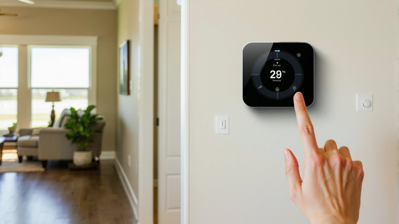 A hand adjusting a smart thermostat in a hallway of an Atascocita, TX home.