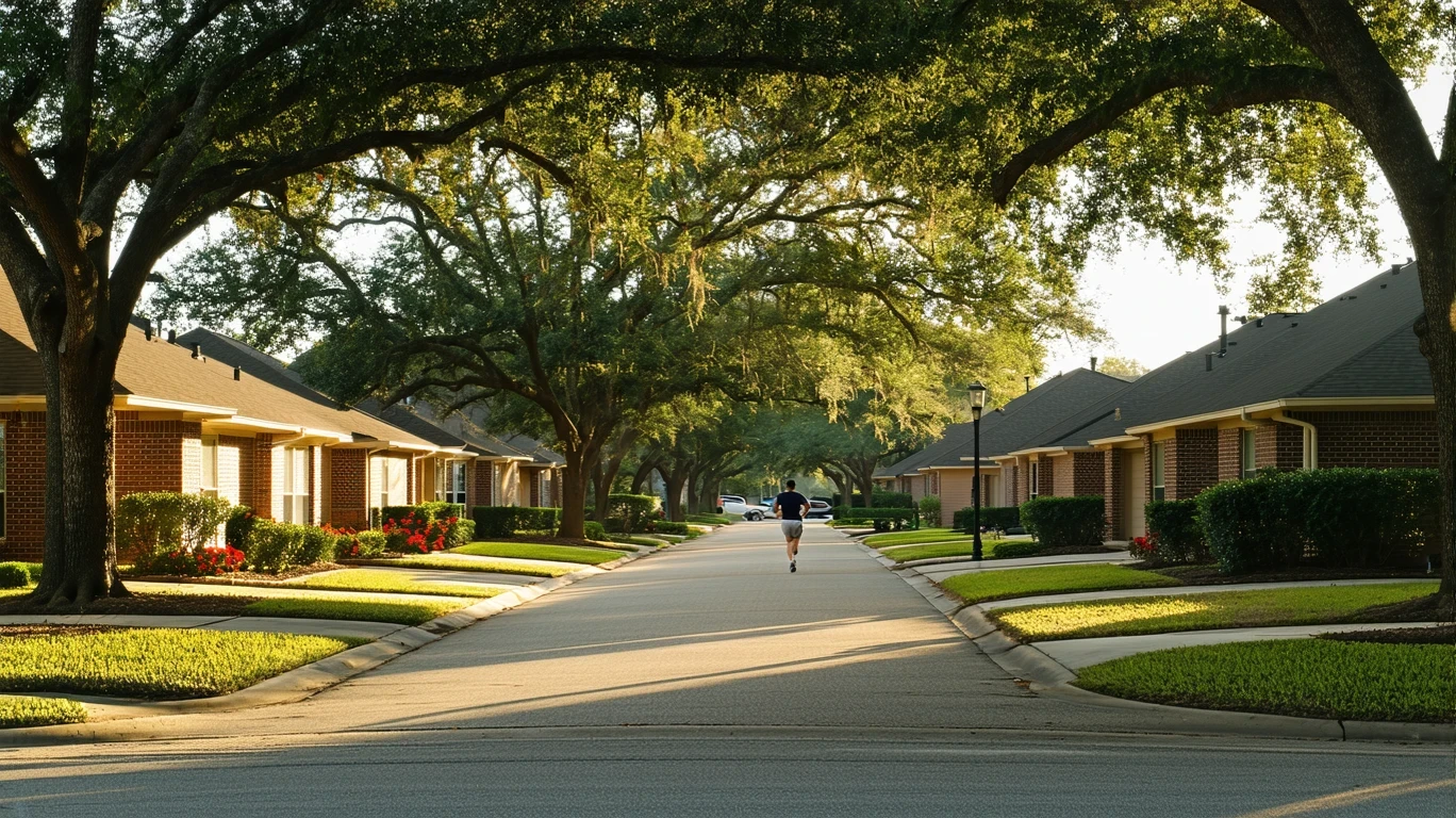 Tree-lined residential street in Atascocita, TX at sunrise with jogger in distance