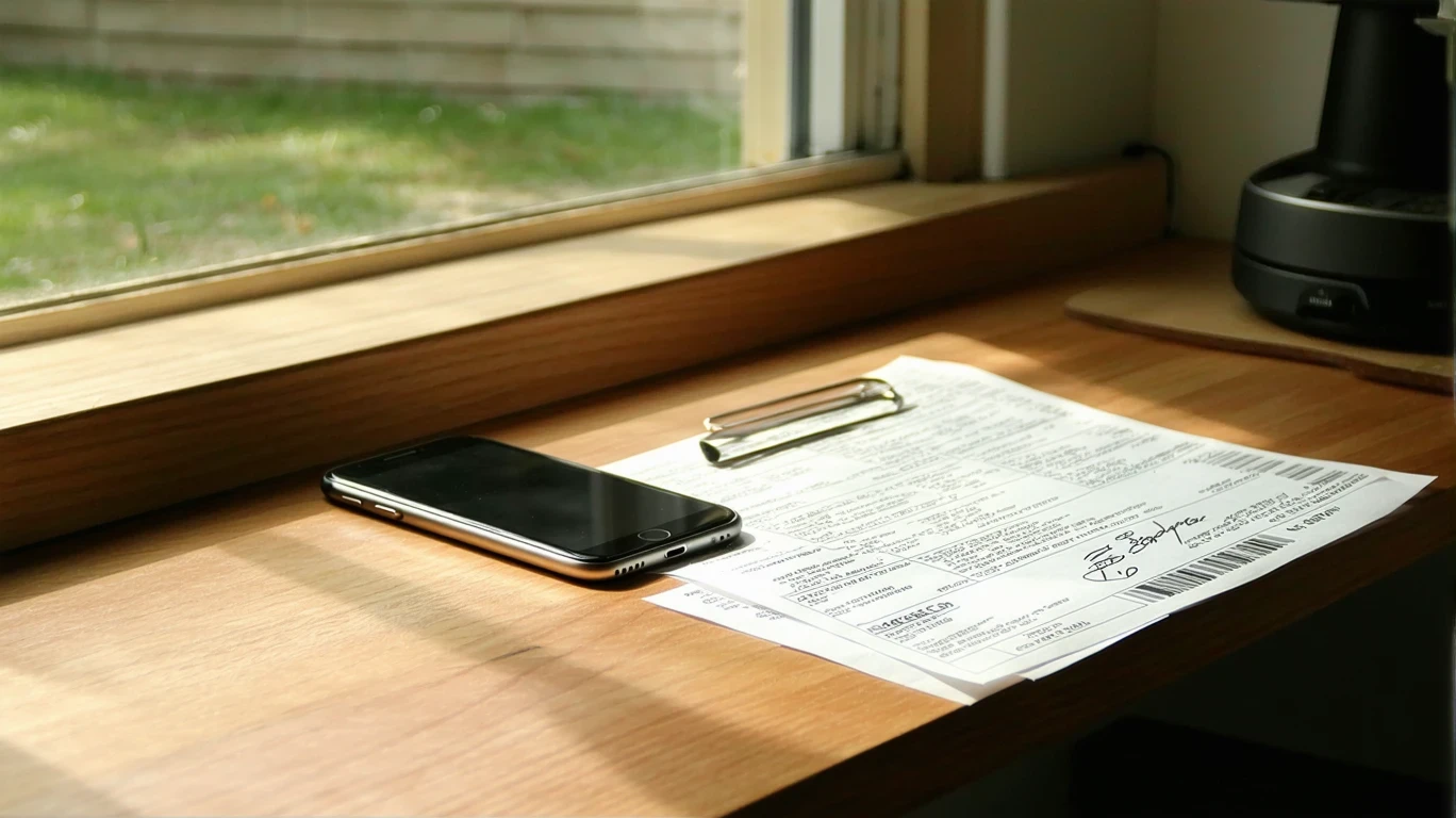 A smartphone, grocery receipt, budget notes, and delivery menu on a cluttered kitchen table.