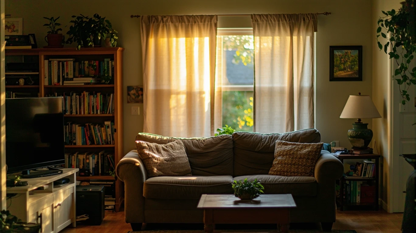 A living room with a couch, bookshelf, and sheer curtains in soft light.