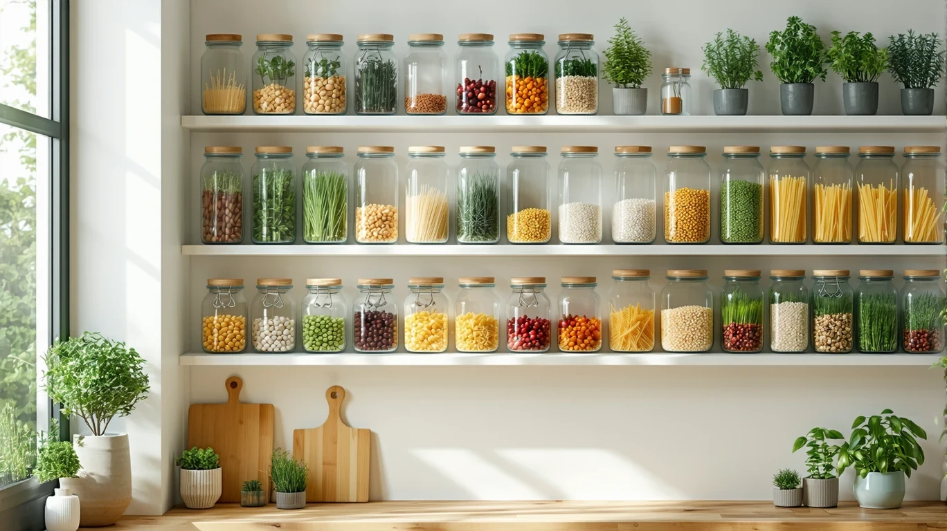 A pantry shelf with jars of beans, pasta, and rice in a sunny kitchen.