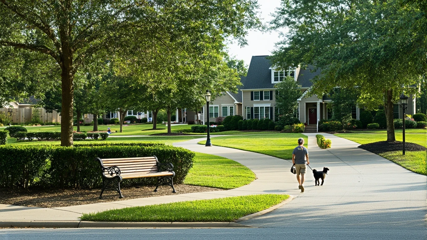 A neighborhood park in Atlanta with a path, bench, and homes visible across the street on a sunny day.