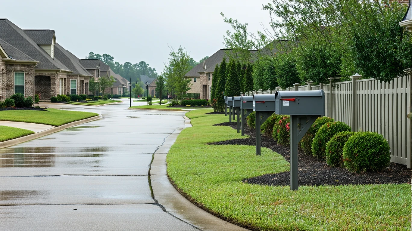 A suburban Alpharetta street on a cloudy day, with mailboxes, wet sidewalk, and ranch homes visible.