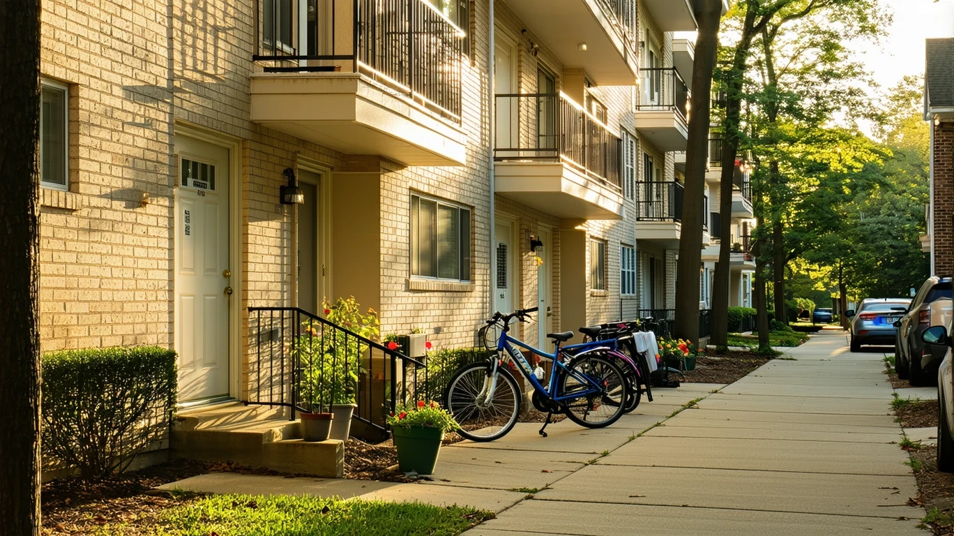 Apartment row with potted plants and bicycles in Atlanta, GA