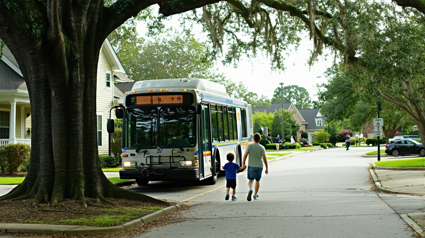 A parent and child board a city bus on a residential street lined with craftsman homes.