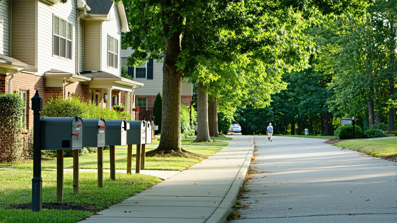 A sunny, tree-lined suburban sidewalk in Atlanta with mailboxes and a person walking their dog in the distance.