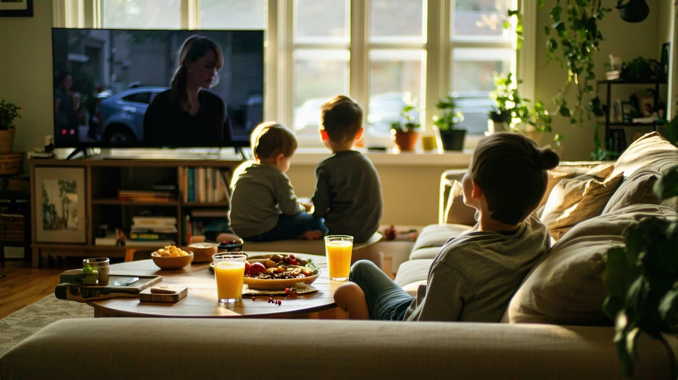 A family of three relaxing on the couch watching TV in their Atlanta living room.