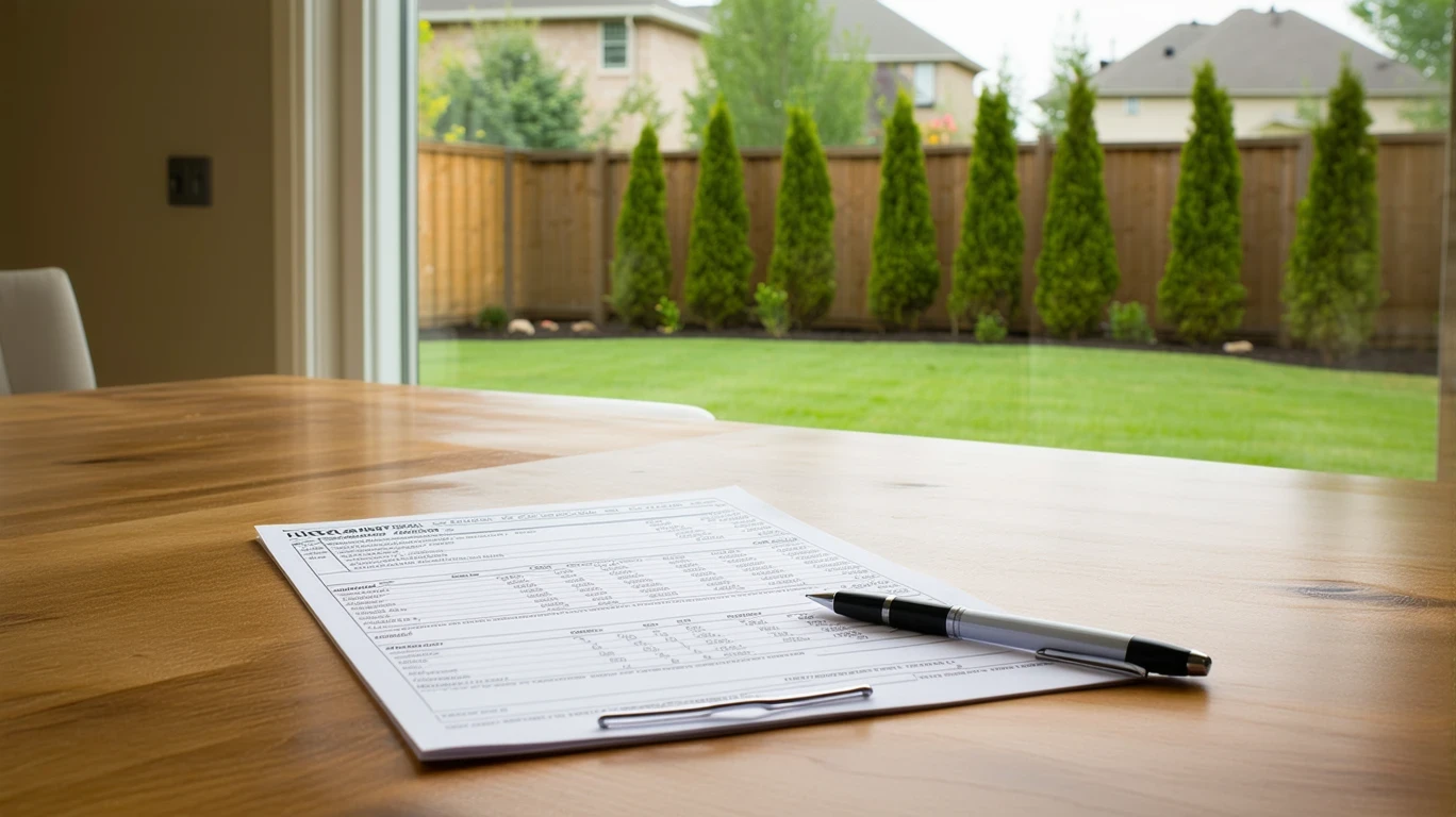 A utility bill, pen, and expense notepad on a kitchen table by a window overlooking a backyard.