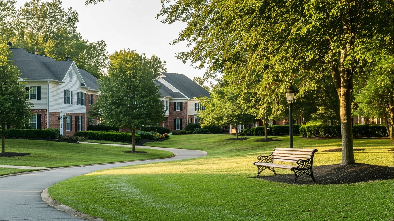 A sunny neighborhood park with a path, bench, and surrounding homes in Atlanta.