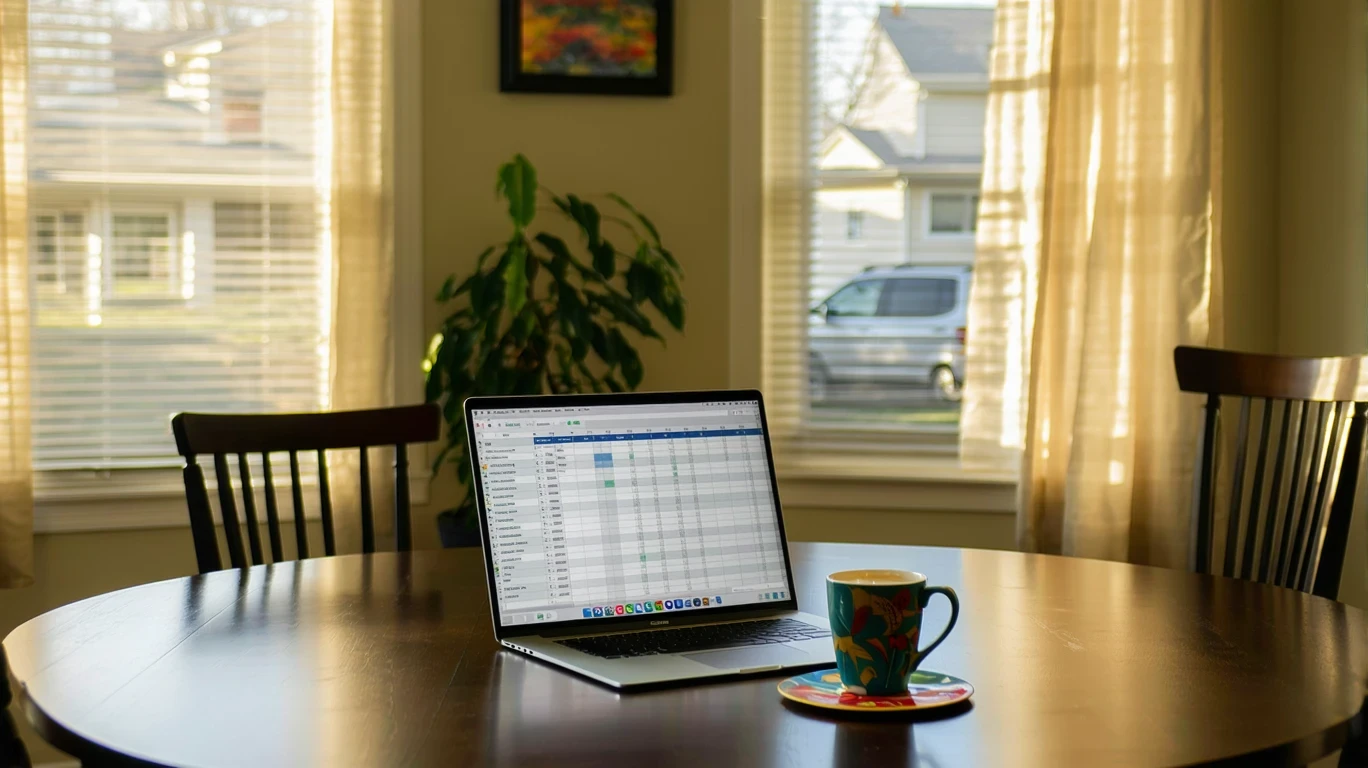 An open laptop on a dining table showing a budgeting spreadsheet, with a coffee mug nearby and a view of townhomes outside.