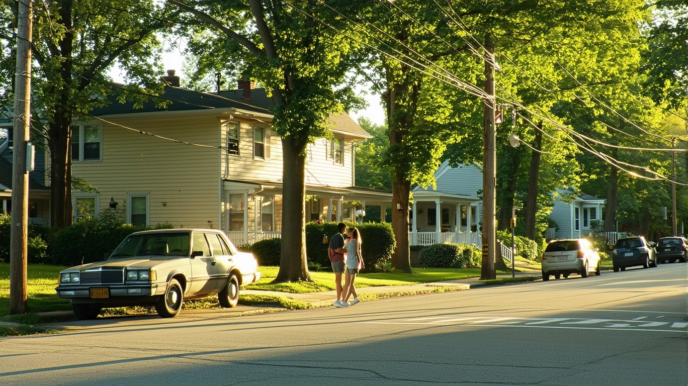 A residential street corner in Atlanta with modest homes, an old car parked on the curb, a young couple walking, under oak tree shade.
