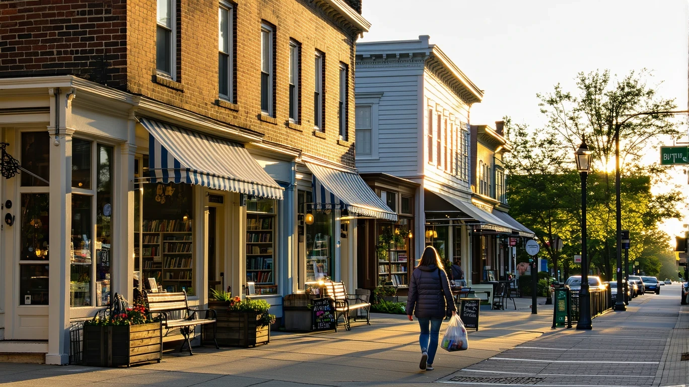 Downtown Marietta street at dusk, with quaint storefronts on one side, townhomes with patios opposite, and a woman walking with groceries.