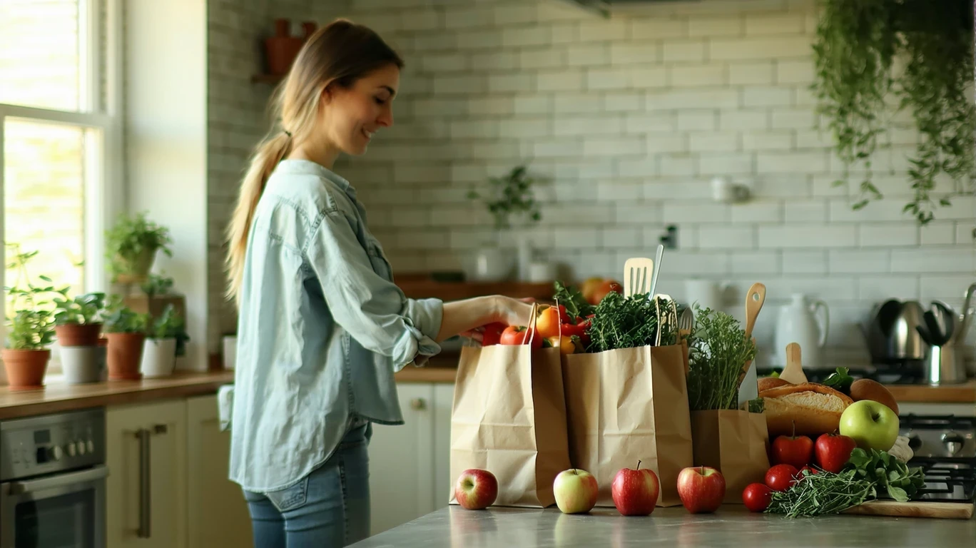 Person unpacking groceries in a sunlit Atlanta kitchen