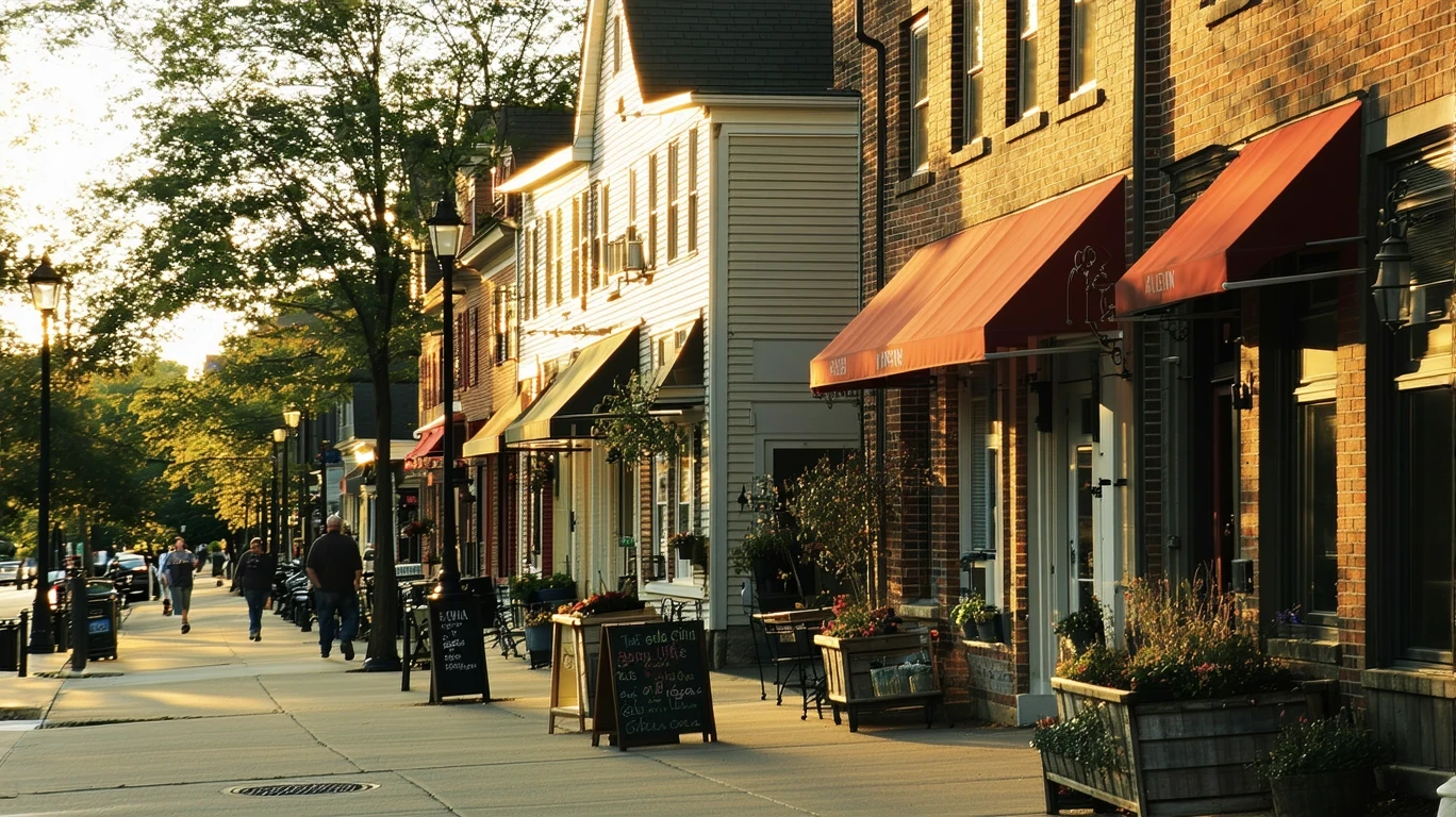 A quiet street in Atlanta at dusk, with small local shops and tidy patios.