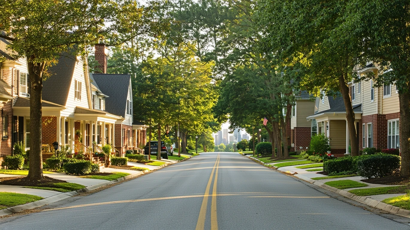 Tree-lined residential street in Atlanta with traditional homes and sidewalks.