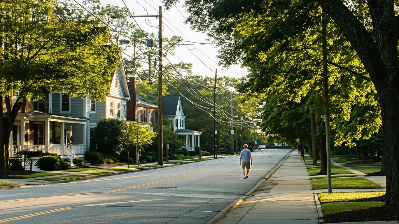 A tree-lined suburban street in Atlanta with sunlight filtering through maple branches and a person walking on the sidewalk.