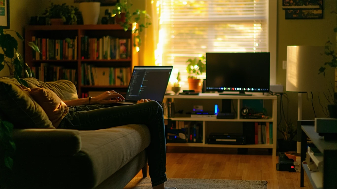 A living room bookshelf with a Wi-Fi router tucked between books and decor.