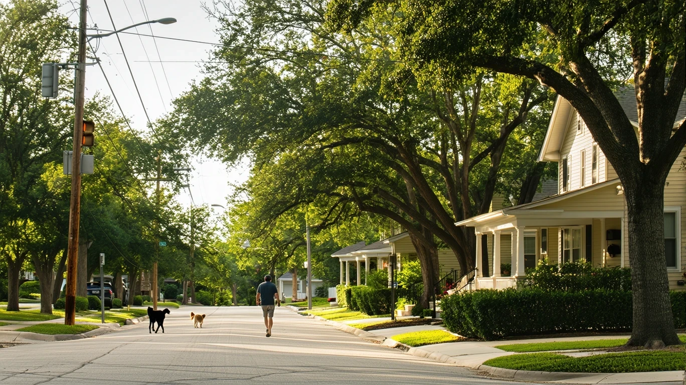 A tree-lined residential street in Austin, Texas on a sunny day, with a person walking their dog in the distance.