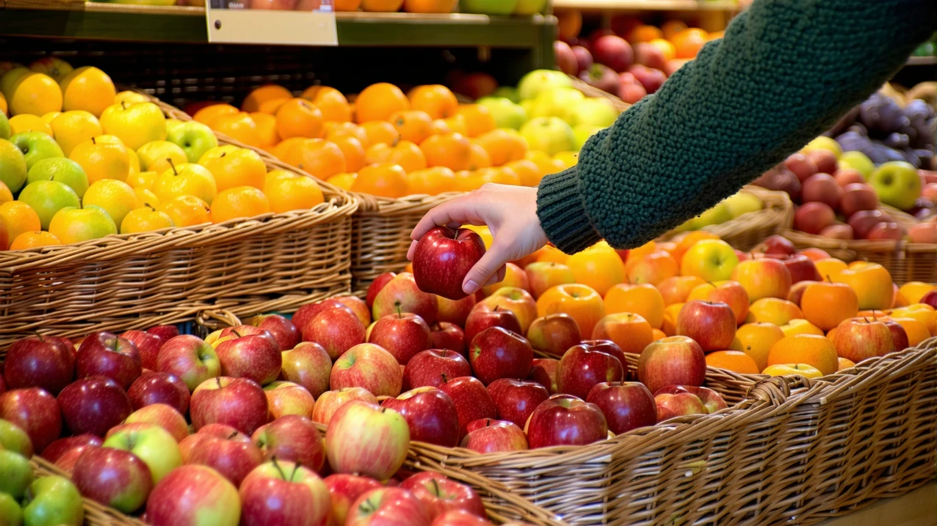 A hand selecting a red apple from a tidy grocery store produce display with apples and oranges.