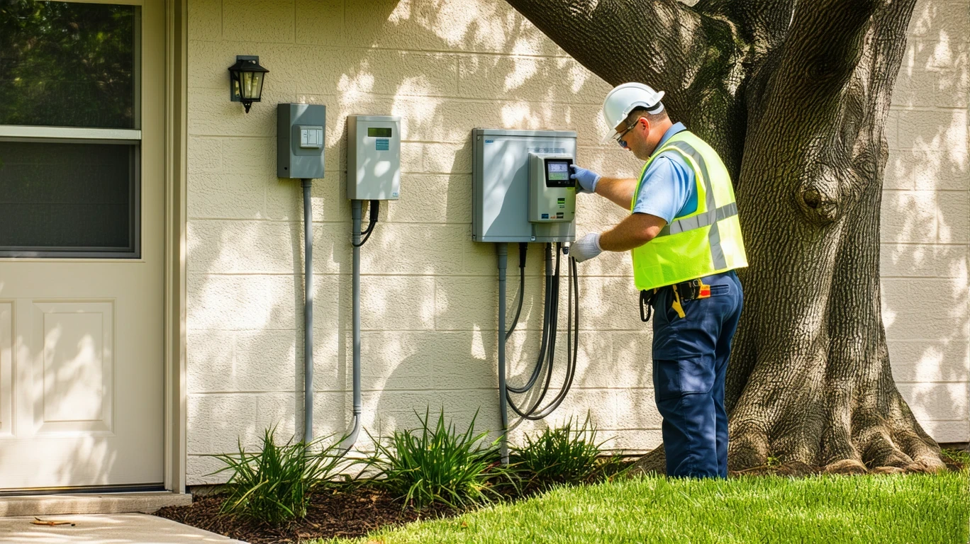 A utility worker inspects an electric meter on a suburban home in Austin, Texas on a sunny day.