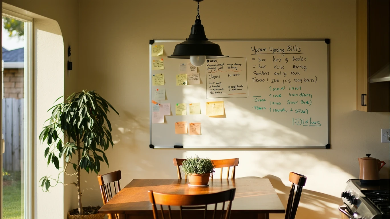 A dining room with a whiteboard showing a monthly budget and bills, in an Austin home.
